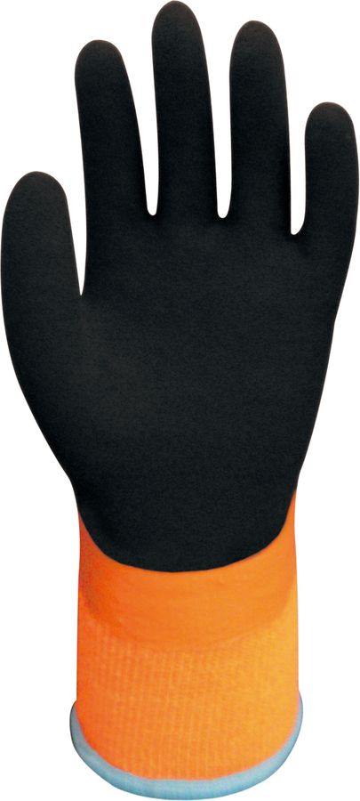 Heldyppet orange vandtæt vinterhandske i naturgummi på acryl/bomuld. WG-338
